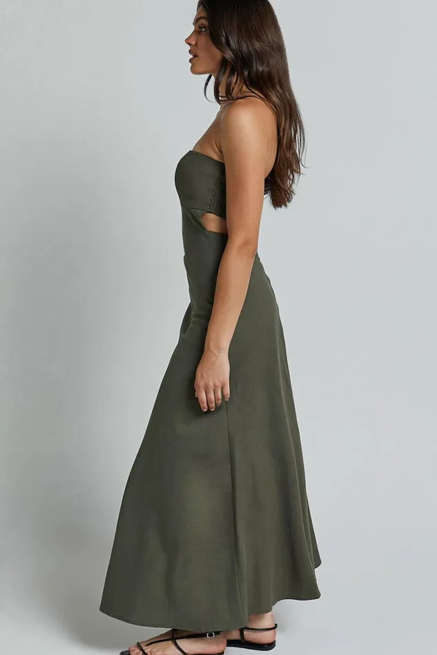 Elerie Maxi Dress 8211 Strapless Linen Dress In Olive Women Showpo Dresses