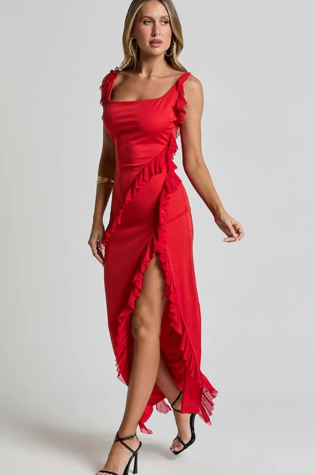 Elsa Midi Dress 8211 Halter Neck Frill Trim Detail Dress In Red Women Showpo Dresses
