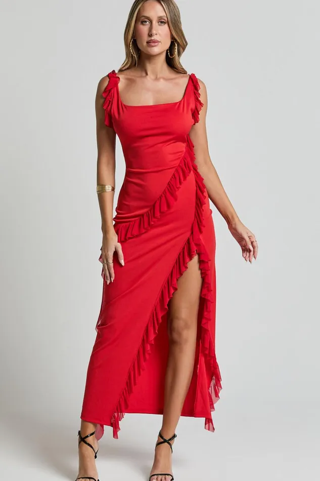 Elsa Midi Dress 8211 Halter Neck Frill Trim Detail Dress In Red Women Showpo Dresses