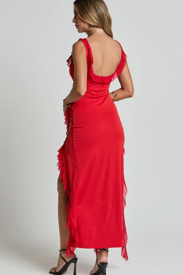 Elsa Midi Dress 8211 Halter Neck Frill Trim Detail Dress In Red Women Showpo Dresses