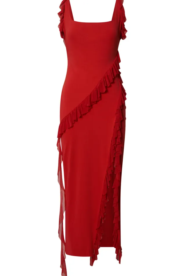Elsa Midi Dress 8211 Halter Neck Frill Trim Detail Dress In Red Women Showpo Dresses