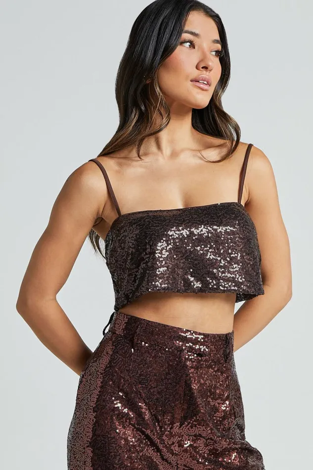 Elswyth Top 8211 Strappy Sequin Crop Cami Top In Chocolate Women Showpo Tops