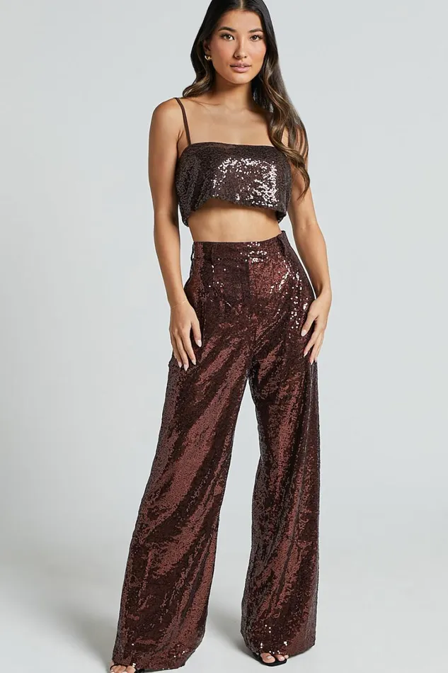 Elswyth Top 8211 Strappy Sequin Crop Cami Top In Chocolate Women Showpo Tops