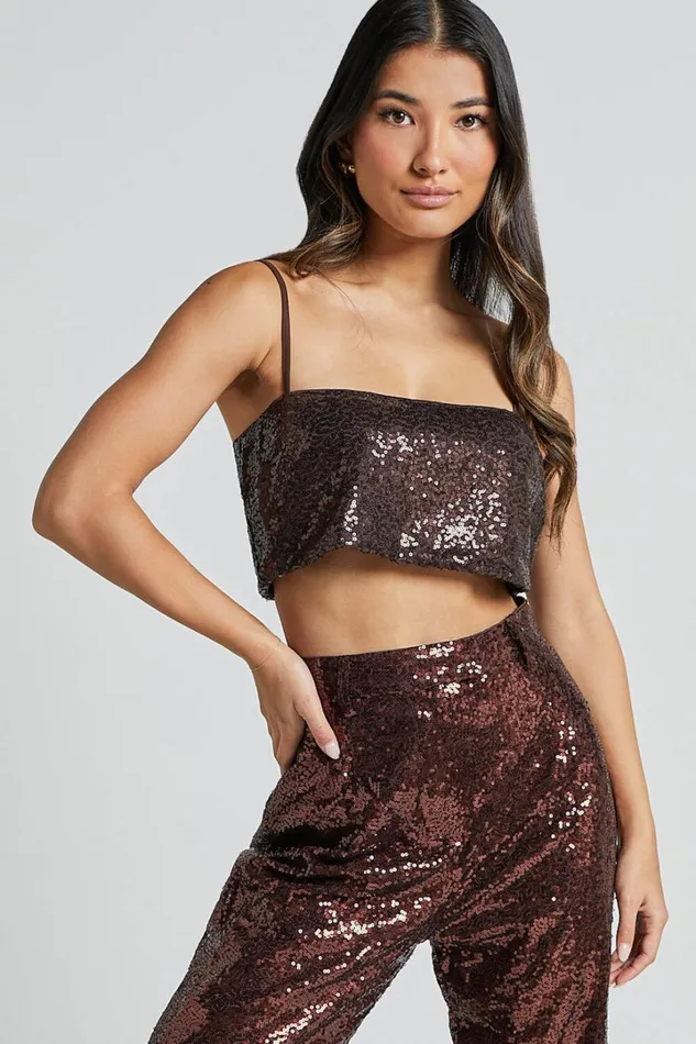 Elswyth Top 8211 Strappy Sequin Crop Cami Top In Chocolate Women Showpo Tops