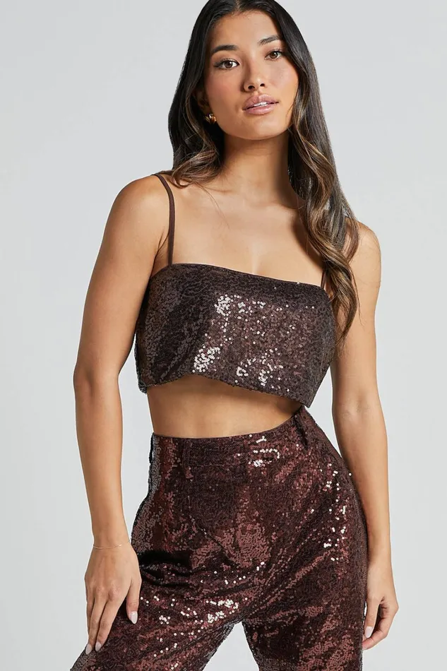 Elswyth Top 8211 Strappy Sequin Crop Cami Top In Chocolate Women Showpo Tops