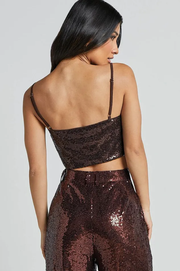 Elswyth Top 8211 Strappy Sequin Crop Cami Top In Chocolate Women Showpo Tops