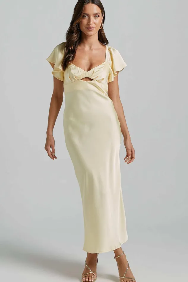 Emberlynn Midi Dress 8211 Flutter Sleeve Cut Out Satin Dress In Butter Yellow Women Showpo Dresses