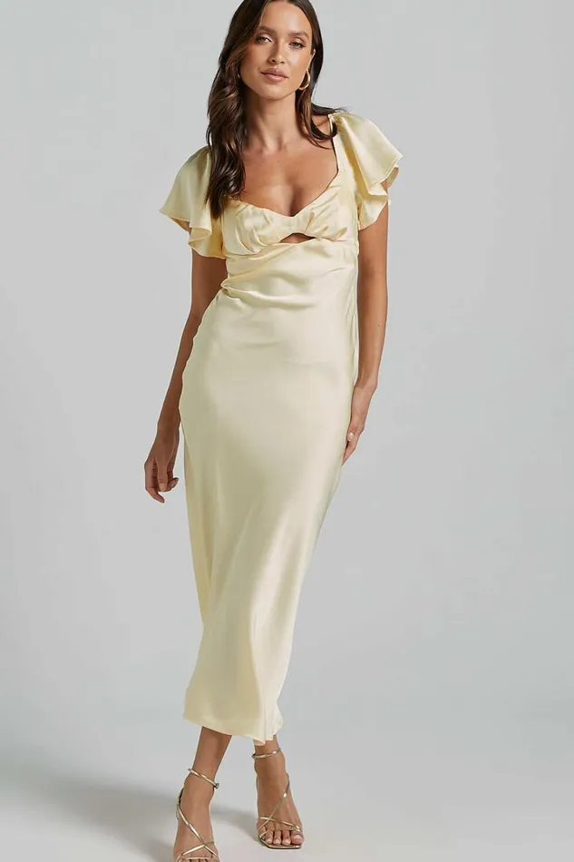 Emberlynn Midi Dress 8211 Flutter Sleeve Cut Out Satin Dress In Butter Yellow Women Showpo Dresses