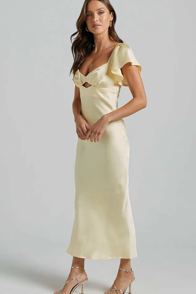 Emberlynn Midi Dress 8211 Flutter Sleeve Cut Out Satin Dress In Butter Yellow Women Showpo Dresses
