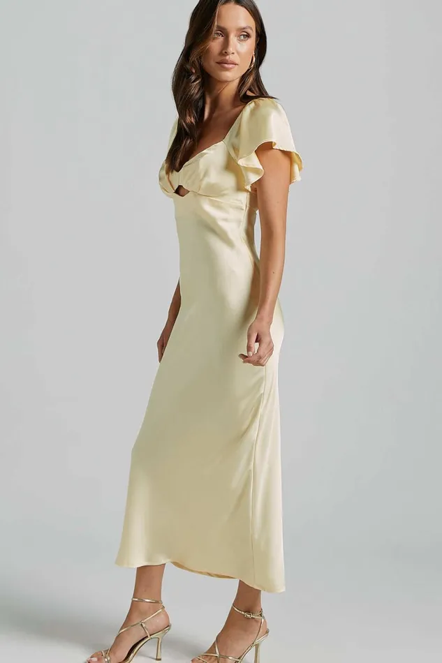Emberlynn Midi Dress 8211 Flutter Sleeve Cut Out Satin Dress In Butter Yellow Women Showpo Dresses