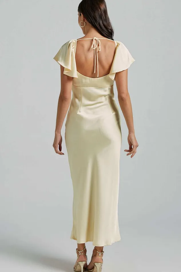 Emberlynn Midi Dress 8211 Flutter Sleeve Cut Out Satin Dress In Butter Yellow Women Showpo Dresses
