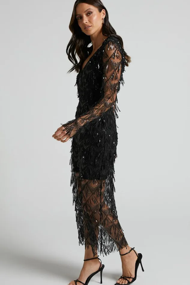Emmett Midi Dress 8211 Long Sleeve Sequin Diamond Mesh Dress In Black Women Showpo Dresses