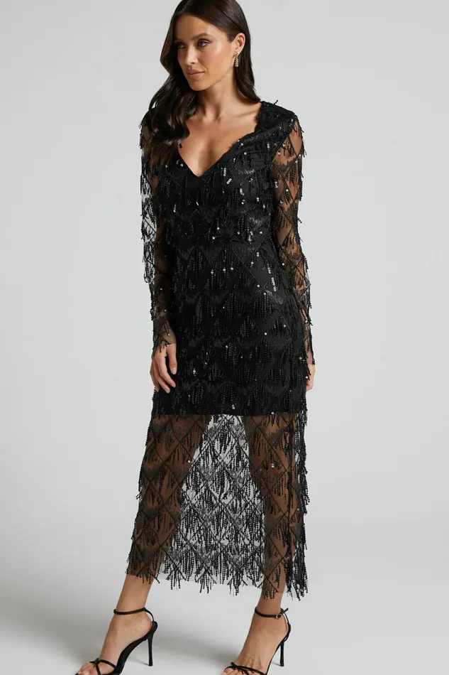 Emmett Midi Dress 8211 Long Sleeve Sequin Diamond Mesh Dress In Black Women Showpo Dresses