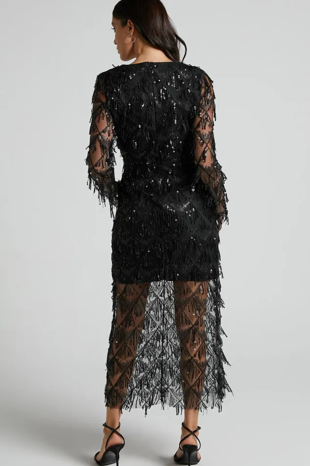 Emmett Midi Dress 8211 Long Sleeve Sequin Diamond Mesh Dress In Black Women Showpo Dresses