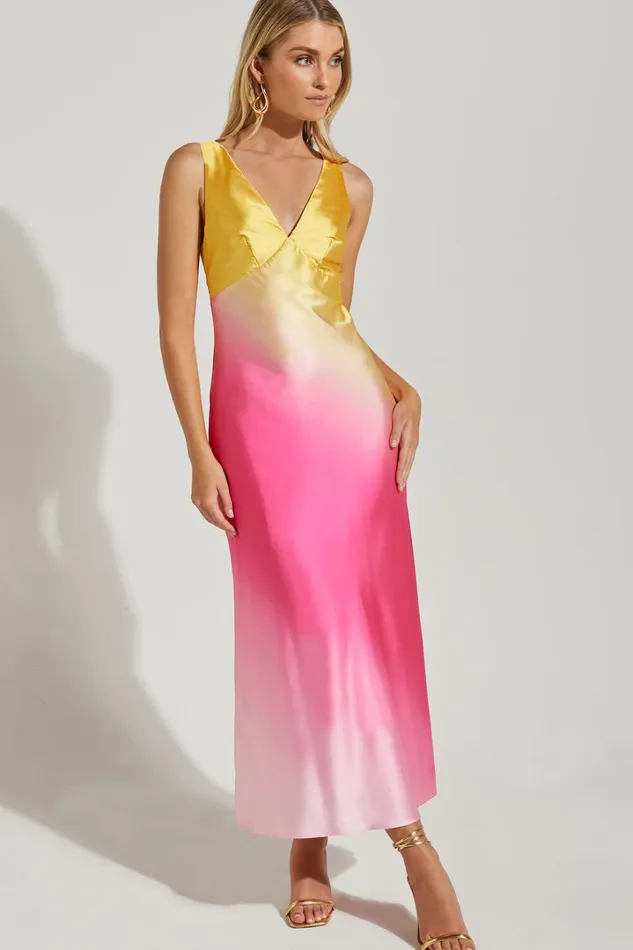 Erika Midi Dress 8211 V Neck Satin Slip Dress In SUNSET OMBRE Women Showpo Dresses