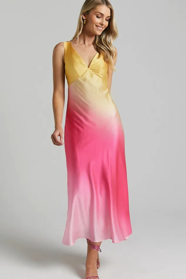 Erika Midi Dress 8211 V Neck Satin Slip Dress In SUNSET OMBRE Women Showpo Dresses