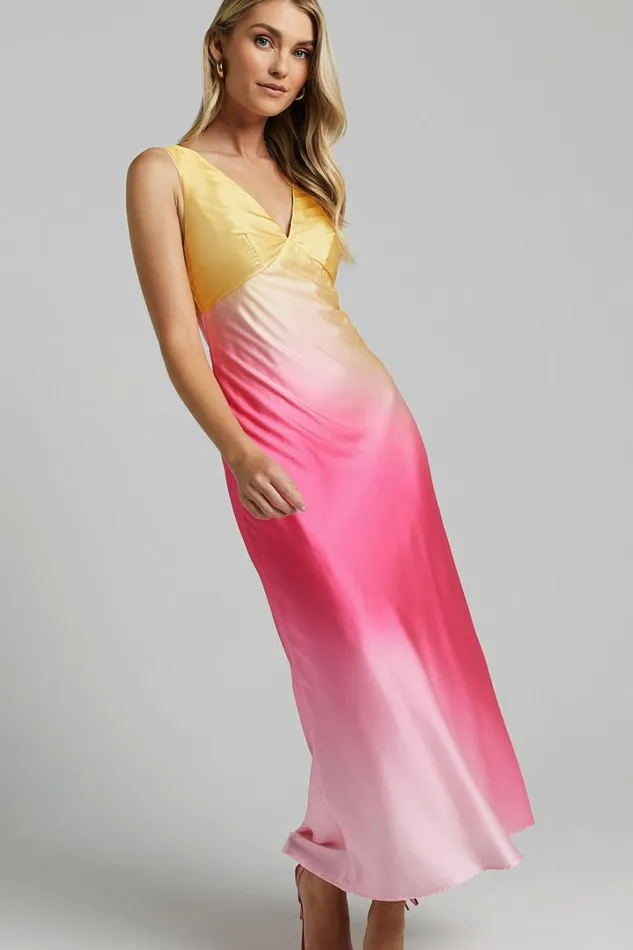 Erika Midi Dress 8211 V Neck Satin Slip Dress In SUNSET OMBRE Women Showpo Dresses