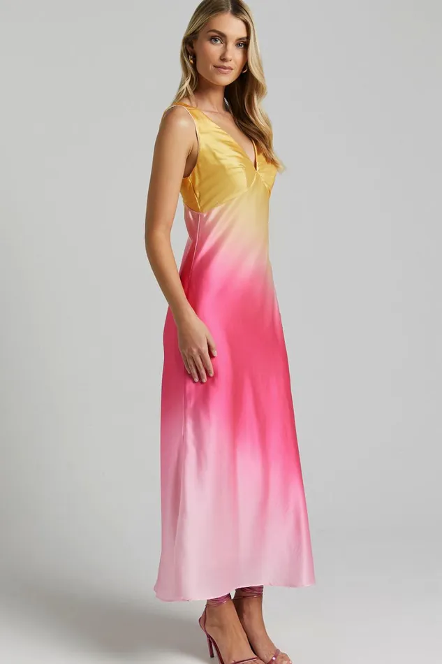 Erika Midi Dress 8211 V Neck Satin Slip Dress In SUNSET OMBRE Women Showpo Dresses