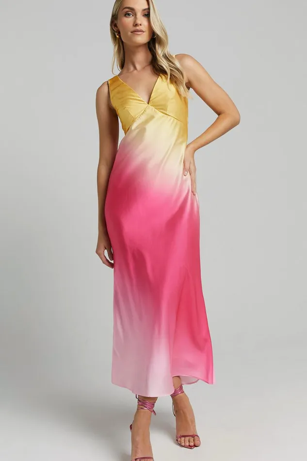 Erika Midi Dress 8211 V Neck Satin Slip Dress In SUNSET OMBRE Women Showpo Dresses