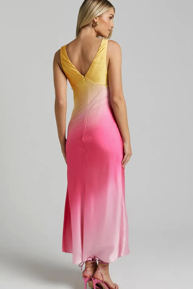Erika Midi Dress 8211 V Neck Satin Slip Dress In SUNSET OMBRE Women Showpo Dresses