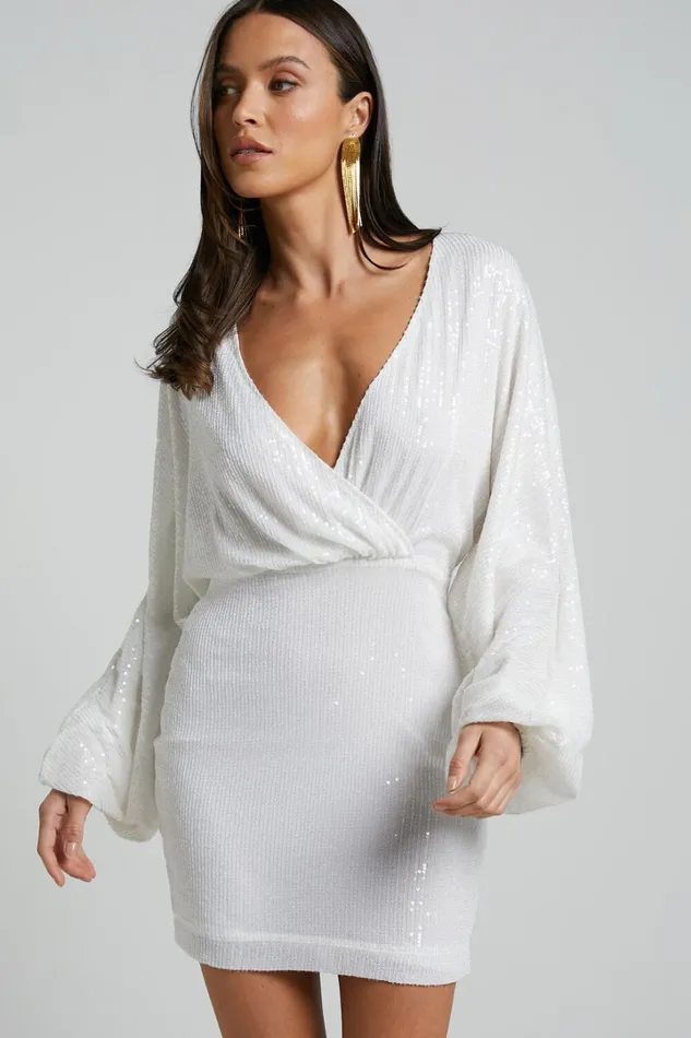 Erine Mini Dress 8211 Long Sleeve Sequin Dress In White Women Showpo Dresses