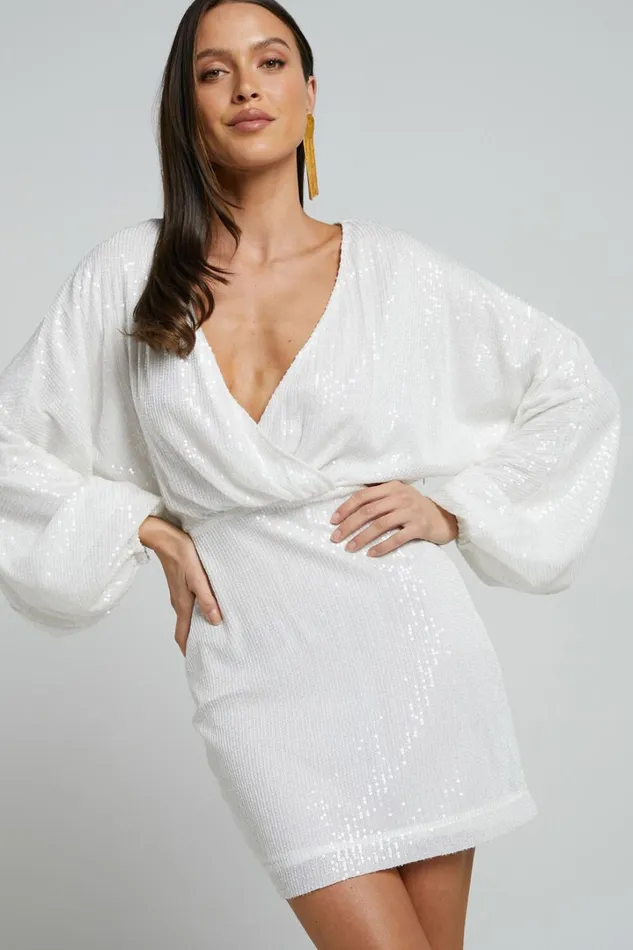 Erine Mini Dress 8211 Long Sleeve Sequin Dress In White Women Showpo Dresses