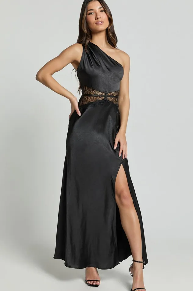 Estella Midi Dress 8211 Asymmetrical Lace Detail Waist Slip Dress In Black Women Showpo Dresses