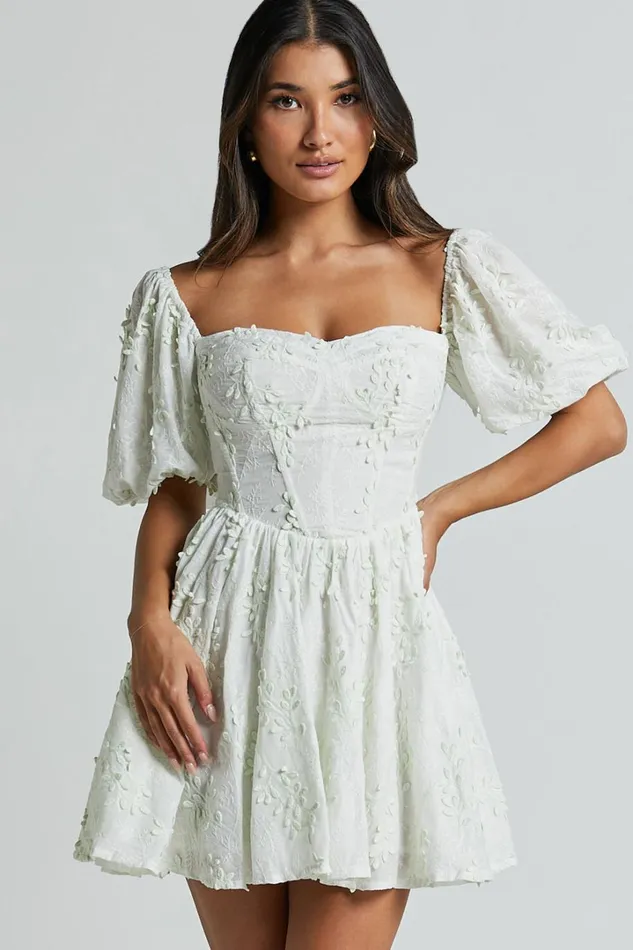 Esthela Mini Dress 8211 Embroidered Square Neck Short Puff Sleeve Corset In Pale Mint Women Showpo Conscious