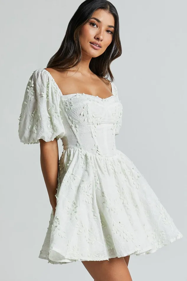 Esthela Mini Dress 8211 Embroidered Square Neck Short Puff Sleeve Corset In Pale Mint Women Showpo Conscious