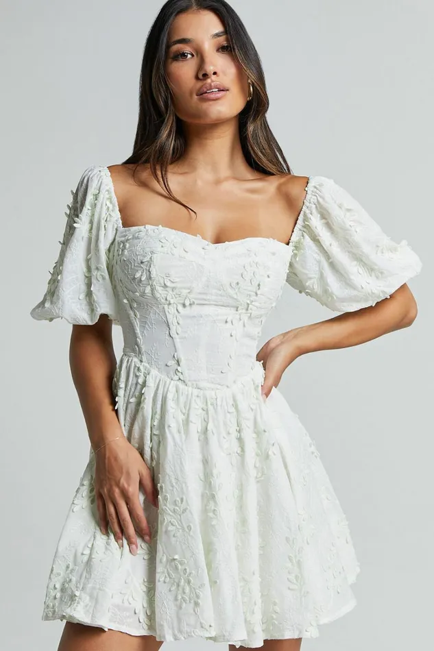 Esthela Mini Dress 8211 Embroidered Square Neck Short Puff Sleeve Corset In Pale Mint Women Showpo Conscious