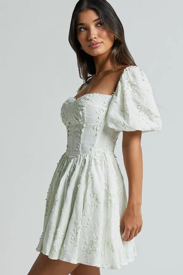 Esthela Mini Dress 8211 Embroidered Square Neck Short Puff Sleeve Corset In Pale Mint Women Showpo Conscious