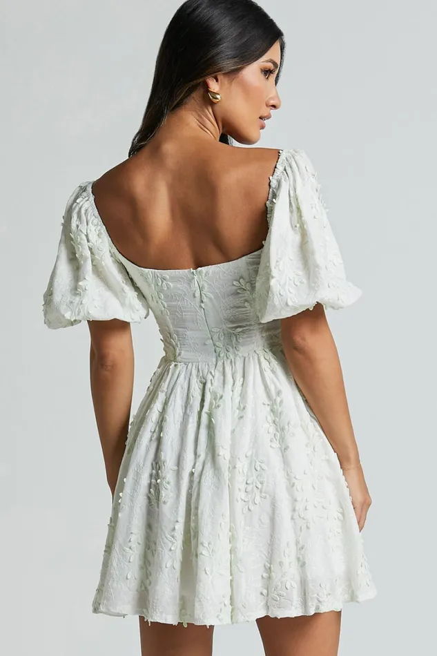 Esthela Mini Dress 8211 Embroidered Square Neck Short Puff Sleeve Corset In Pale Mint Women Showpo Conscious