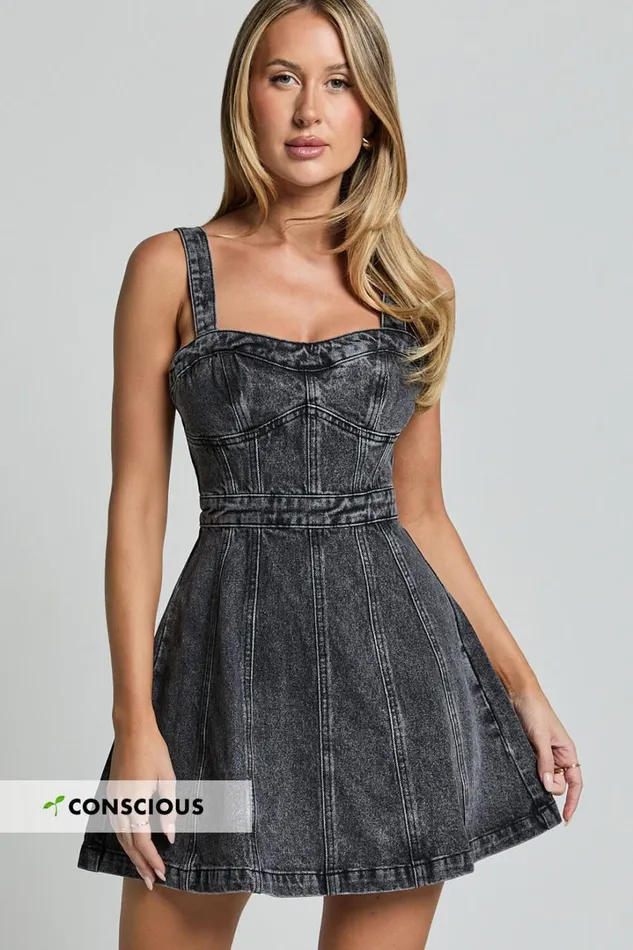 Estonia Mini Dress 8211 Denim Dress In Washed Black Women Showpo Denim