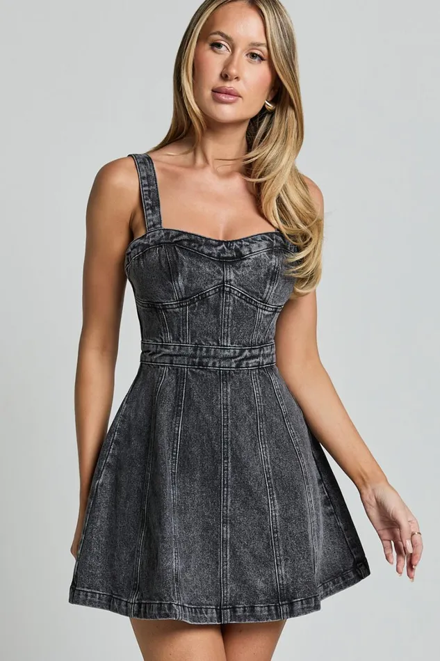 Estonia Mini Dress 8211 Denim Dress In Washed Black Women Showpo Denim