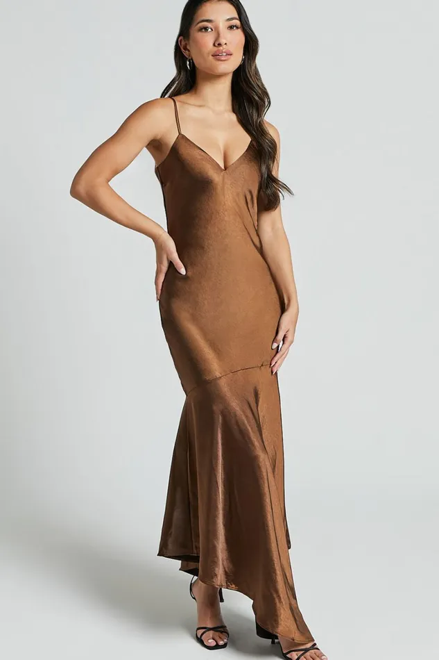 Etienne Midi Dress 8211 Asymmetric Hem Satin Slip Dress In Chocolate Women Showpo Dresses Etienne Midi Dress 8211 Asymmetric Hem Satin Slip Dress In Chocolate Women Showpo Dresses