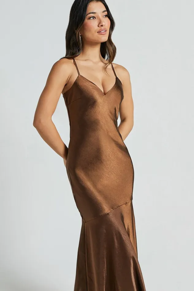 Etienne Midi Dress 8211 Asymmetric Hem Satin Slip Dress In Chocolate Women Showpo Dresses
