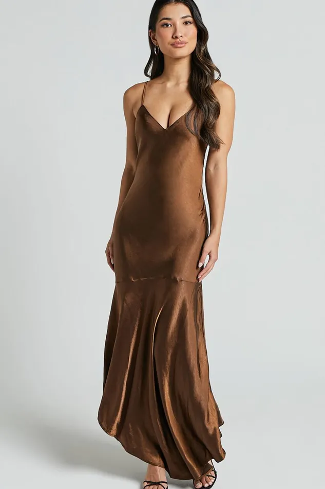 Etienne Midi Dress 8211 Asymmetric Hem Satin Slip Dress In Chocolate Women Showpo Dresses
