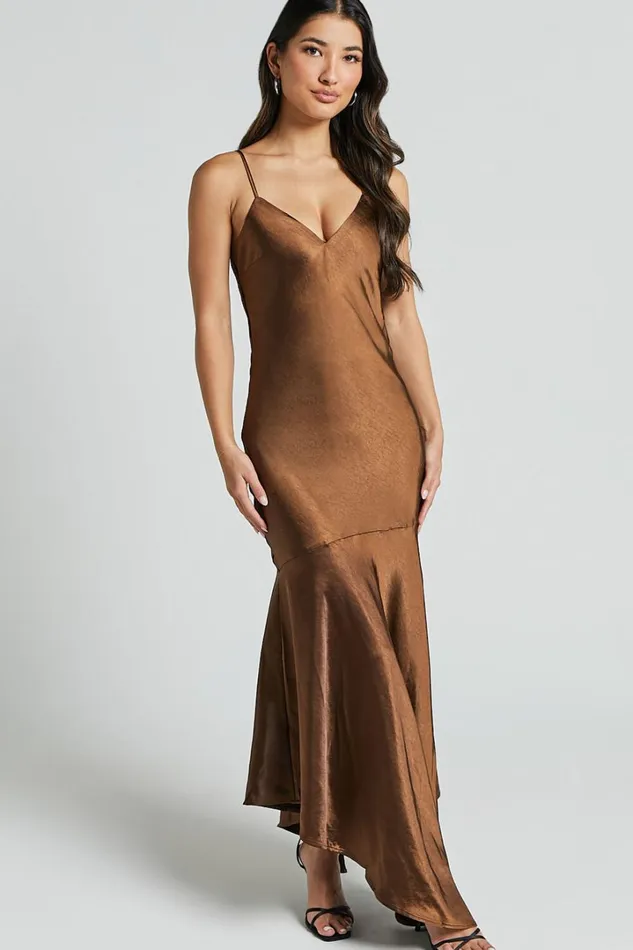 Etienne Midi Dress 8211 Asymmetric Hem Satin Slip Dress In Chocolate Women Showpo Dresses