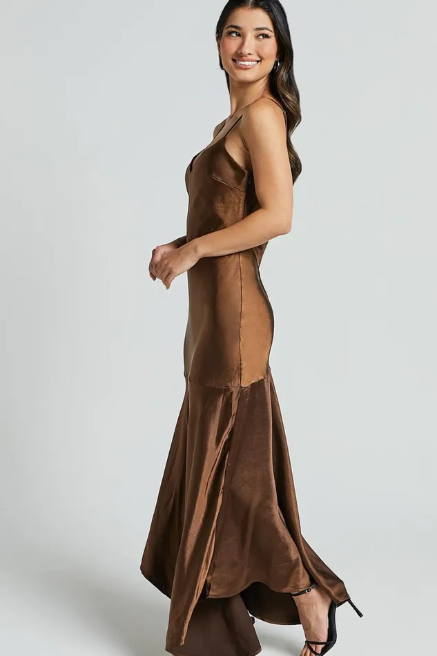 Etienne Midi Dress 8211 Asymmetric Hem Satin Slip Dress In Chocolate Women Showpo Dresses