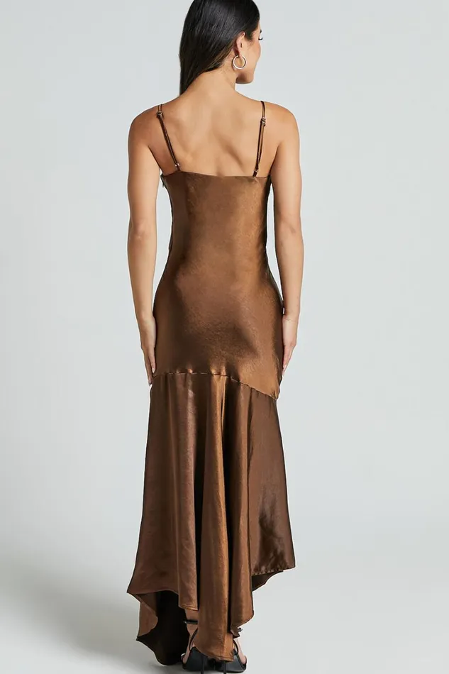 Etienne Midi Dress 8211 Asymmetric Hem Satin Slip Dress In Chocolate Women Showpo Dresses