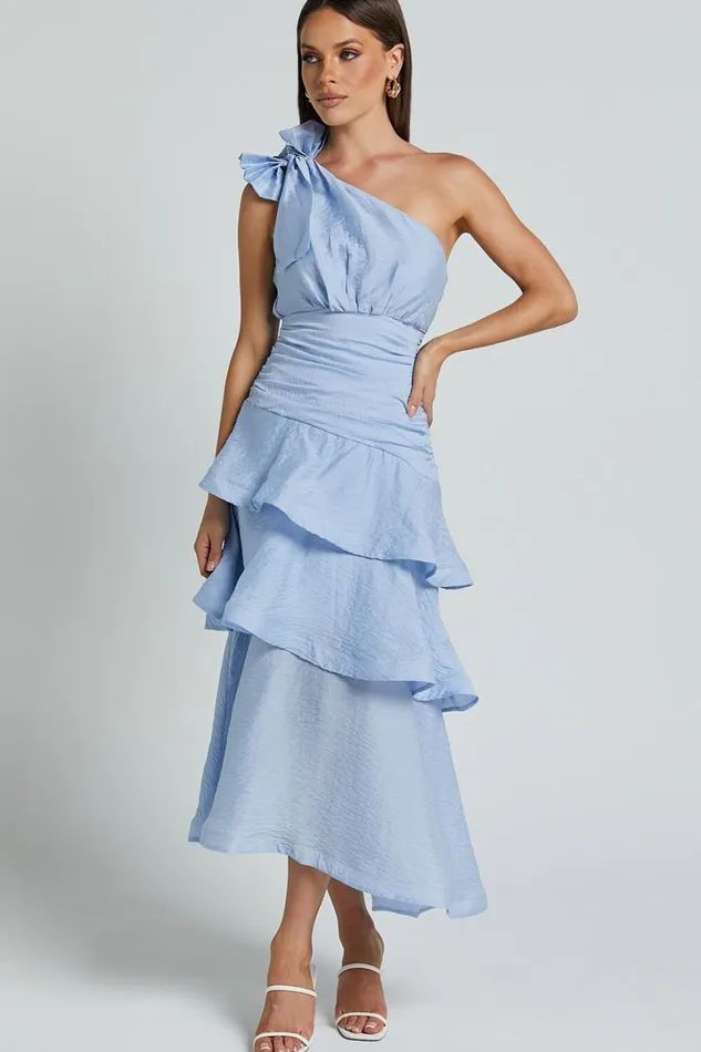 Eugenia Midi Dress 8211 One Shoulder Fit And Flare Layered Dress In Pale Blue Women Showpo Curve Clothes Eugenia Midi Dress 8211 One Shoulder Fit And Flare Layered Dress In Pale Blue Women Showpo Curve Clothes