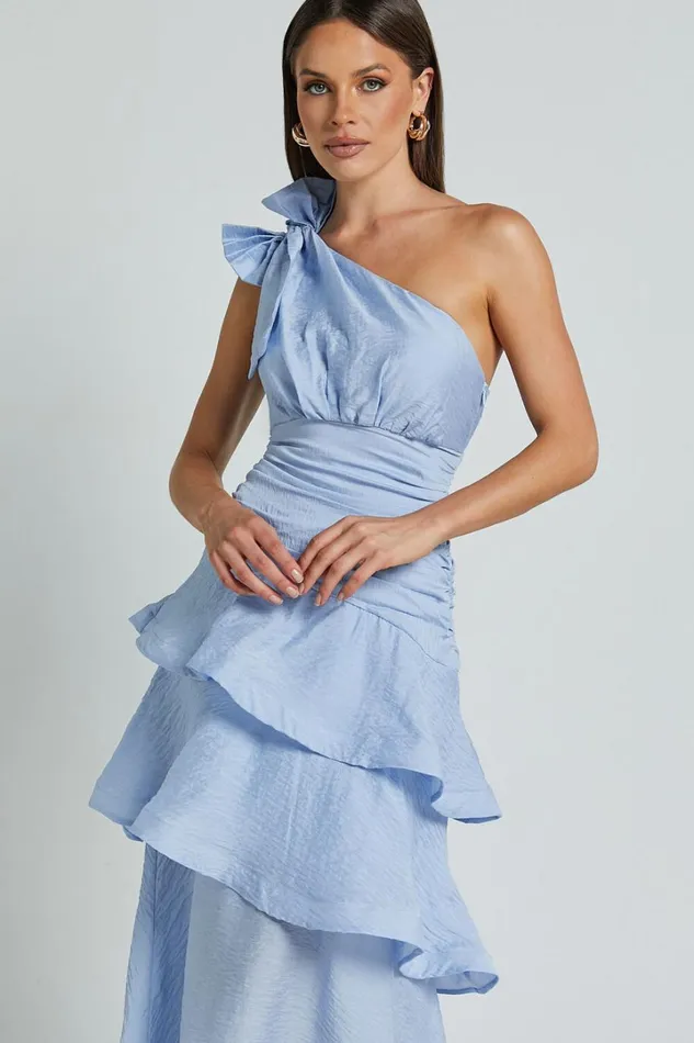 Eugenia Midi Dress 8211 One Shoulder Fit And Flare Layered Dress In Pale Blue Women Showpo Curve Clothes