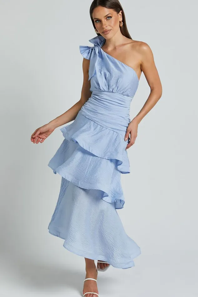 Eugenia Midi Dress 8211 One Shoulder Fit And Flare Layered Dress In Pale Blue Women Showpo Curve Clothes