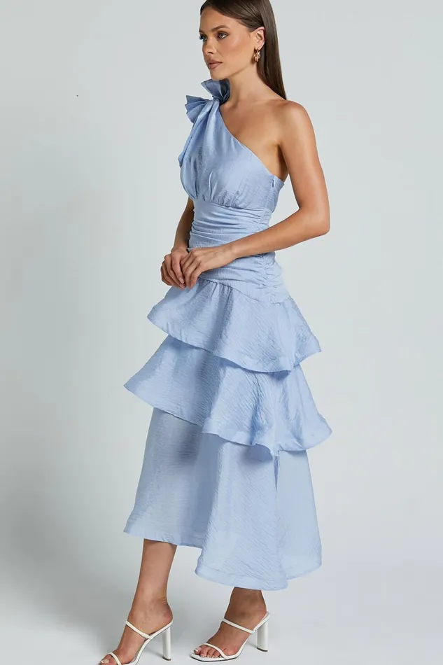 Eugenia Midi Dress 8211 One Shoulder Fit And Flare Layered Dress In Pale Blue Women Showpo Curve Clothes