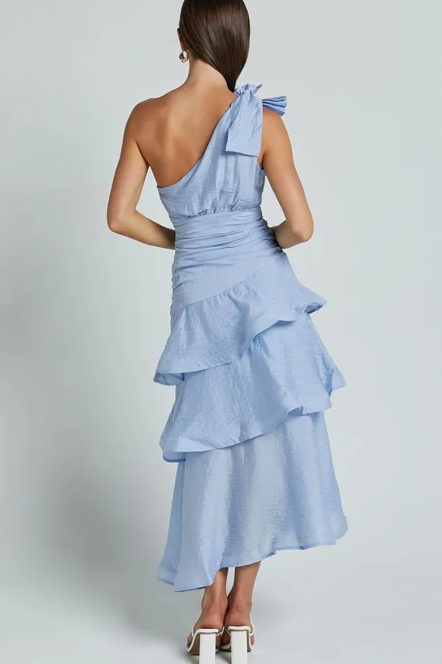 Eugenia Midi Dress 8211 One Shoulder Fit And Flare Layered Dress In Pale Blue Women Showpo Curve Clothes