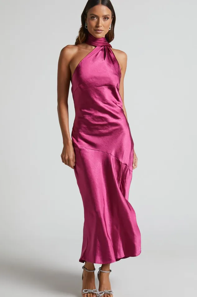 Evana Midi Dress 8211 High Asymmetrical Neck Satin Slip Dress In FUSCHIA Women Showpo Dresses Evana Midi Dress 8211 High Asymmetrical Neck Satin Slip Dress In FUSCHIA Women Showpo Dresses