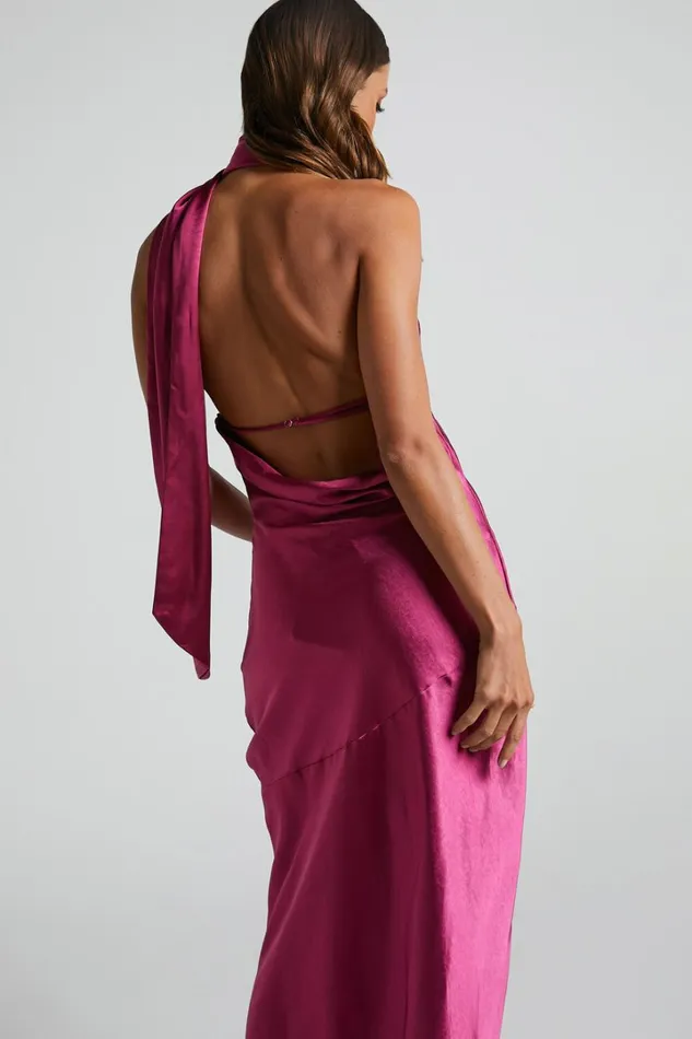 Evana Midi Dress 8211 High Asymmetrical Neck Satin Slip Dress In FUSCHIA Women Showpo Dresses