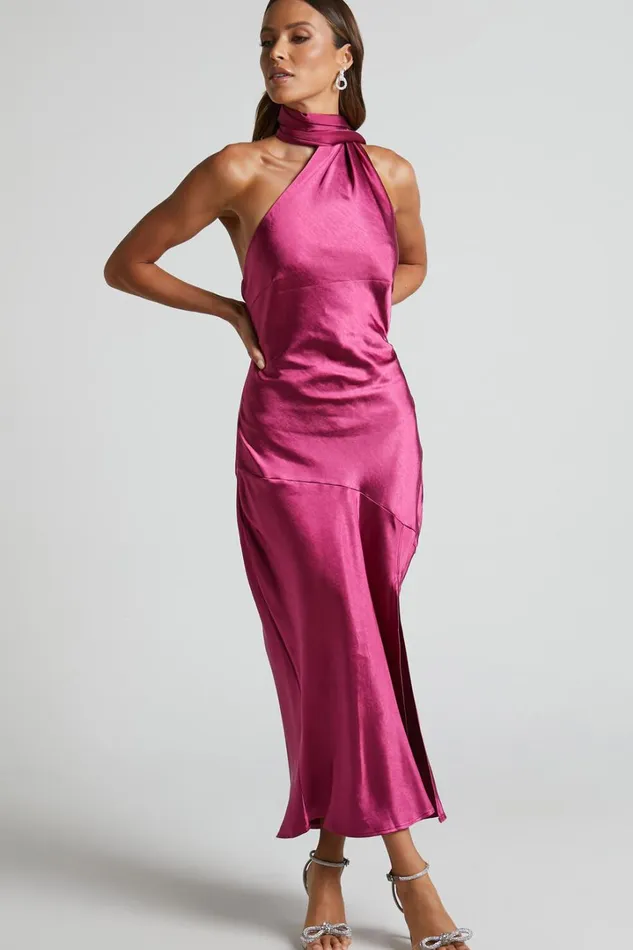 Evana Midi Dress 8211 High Asymmetrical Neck Satin Slip Dress In FUSCHIA Women Showpo Dresses