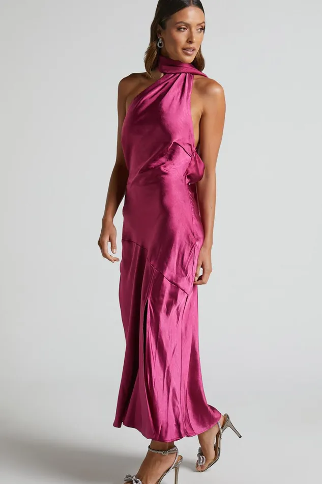 Evana Midi Dress 8211 High Asymmetrical Neck Satin Slip Dress In FUSCHIA Women Showpo Dresses