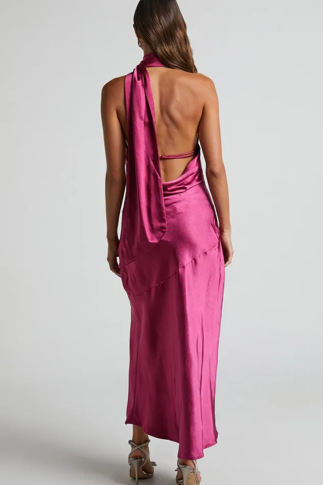 Evana Midi Dress 8211 High Asymmetrical Neck Satin Slip Dress In FUSCHIA Women Showpo Dresses